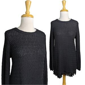 NEW J. Jill Fringe Tunic Sweater XS Black Knit Textured Pullover Cotton Blend